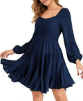 omen's Multi-Layered Hem Dress Square Neck Lantern Long Sleeve A-Line Smocked Waist Mini Dresses