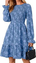 Womens Fall Long Sleeve Mini Dress Casual Babydoll Dresses | Wedding Guest, Smocked, A Line, Boho Floral, Crewneck, Cocktail, Party, Vacation, With Pockets