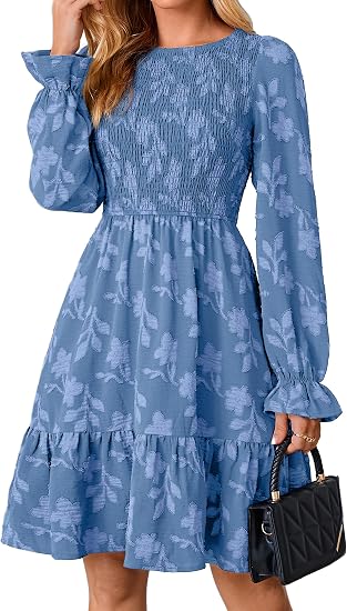 Womens Fall Long Sleeve Mini Dress Casual Babydoll Dresses | Wedding Guest, Smocked, A Line, Boho Floral, Crewneck, Cocktail, Party, Vacation, With Pockets