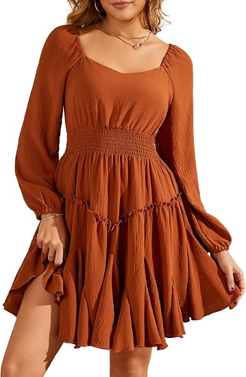 Women's Multi-Layered Hem Dress Square Neck Lantern Long Sleeve A-Line Smocked Waist Mini Dresses