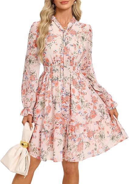 Women 2026,Casual Long Sleeve Mini Dress, Floral Wedding Guest Dress with Pockets